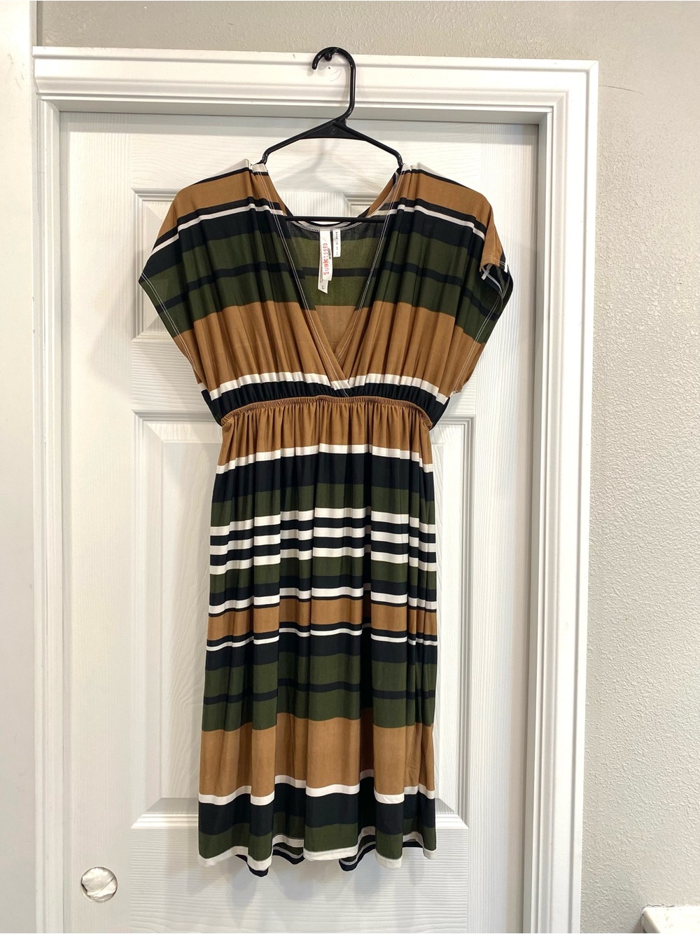 Striped V-Neck Midi Dress in Olive & Tan